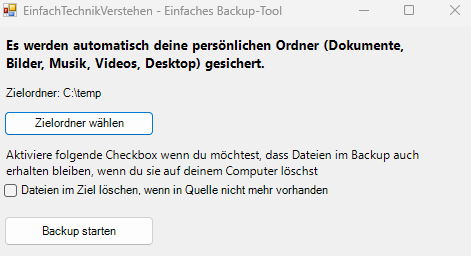 Screenshot des kostenlosen Backup-Tools für Windows – sichert automatisch persönliche Ordner wie Dokumente, Bilder und Videos.